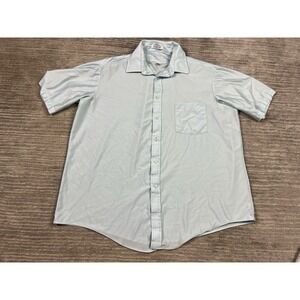 Vintage Qiana Shirt Mens 17 Blue Short Sleeve‎ Button Up Nylon Made in USA